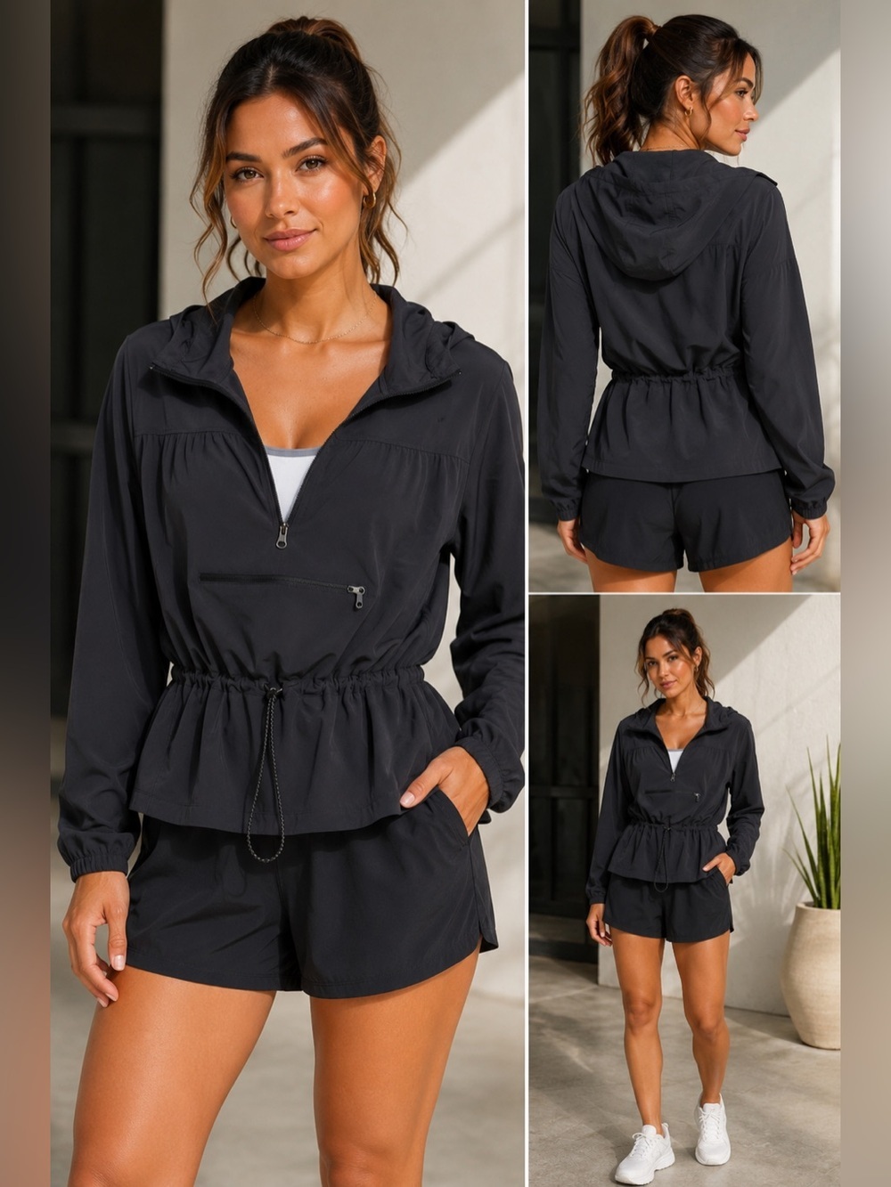 Zella Black Hooded Pullover Windbreaker Jacket Women’s Medium Cinch Waist